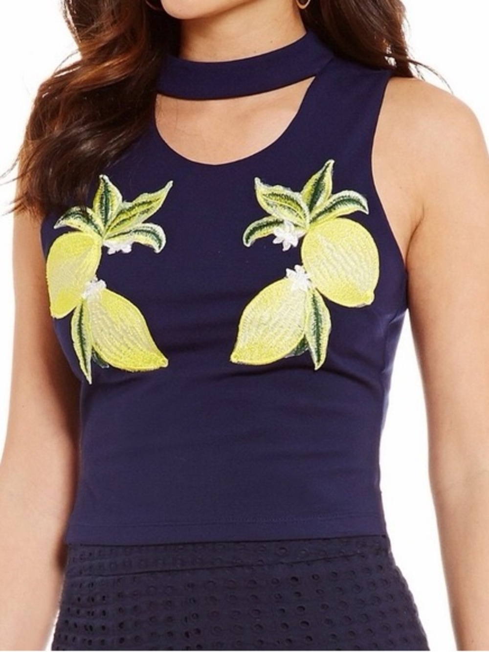 NWT Gianni Bini Sleeveless Navy Crop Top with Lemon Embroidery